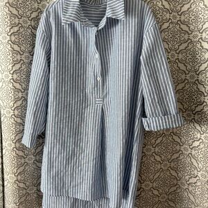 SHEIN Blue and White Striped Button-Up Shirt Dress